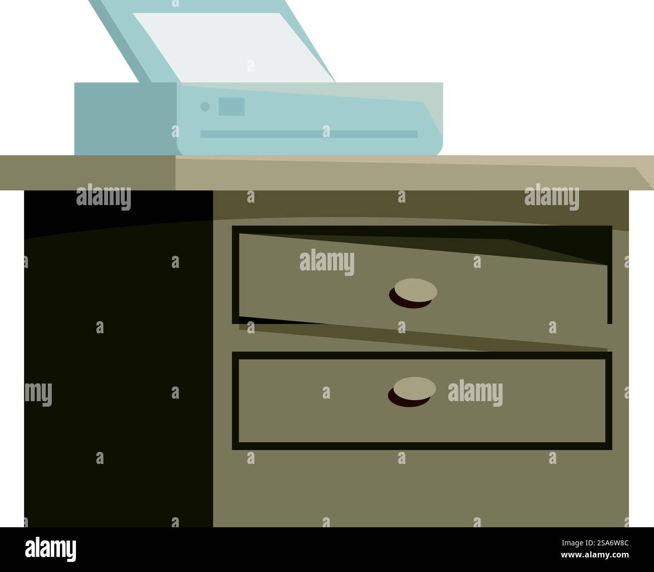 Stampante multifunzione seduta su una scrivania in legno con cassetti, simbolo di un moderno ambiente di ufficio. Stampante moderna seduta su una scrivania in legno con cassetti Illustrazione Vettoriale