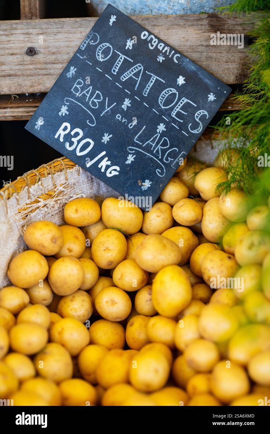 Un cestino di patate biologiche brillanti, etichettato con un cartello sulla lavagna con la scritta "baby and large", attende gli acquirenti in un vivace mercato agricolo locale. Foto Stock