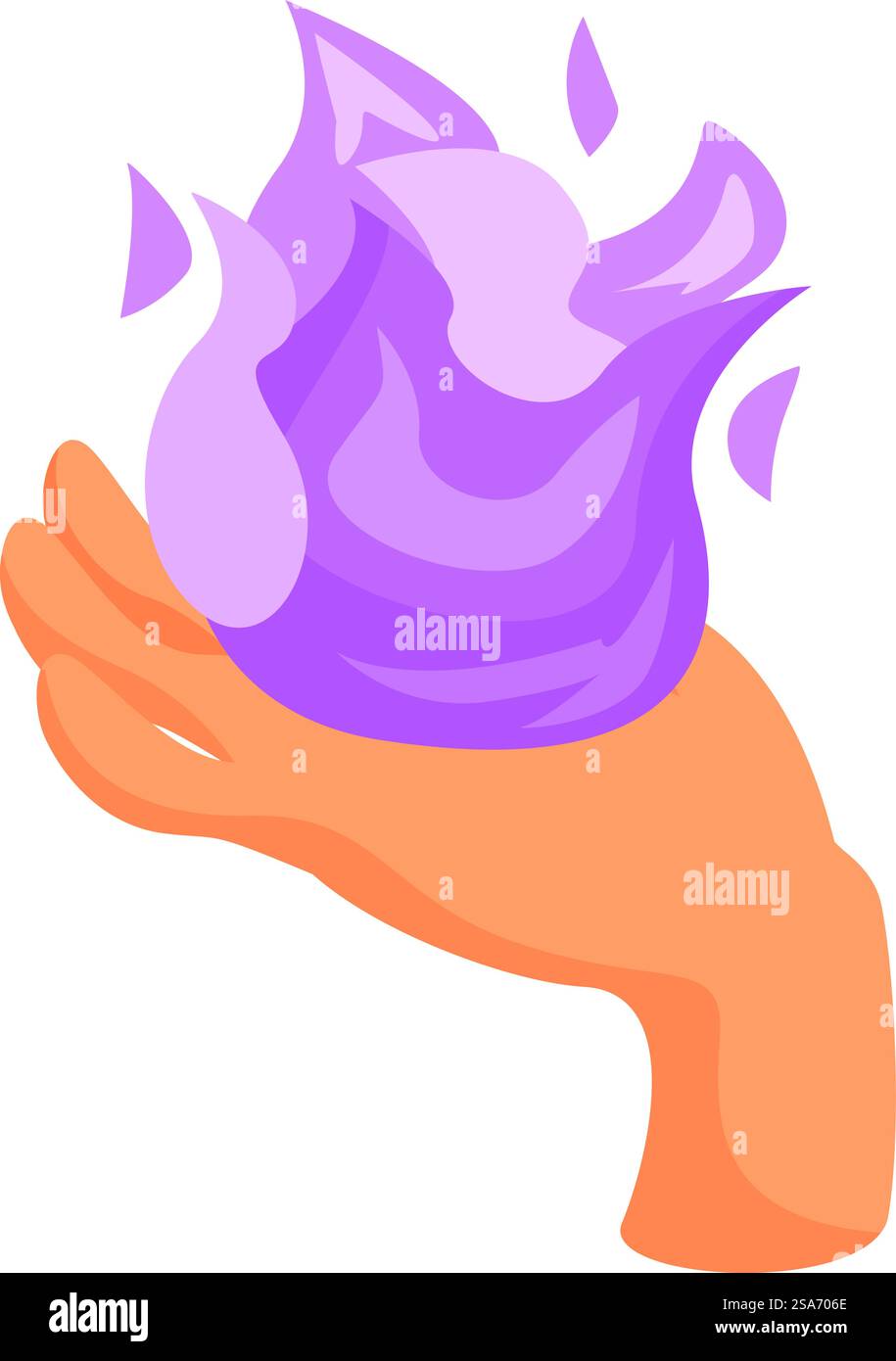 Il mago sta tenendo in mano una magica palla di fuoco viola. Mago che tiene in mano la palla di fuoco magica viola Illustrazione Vettoriale