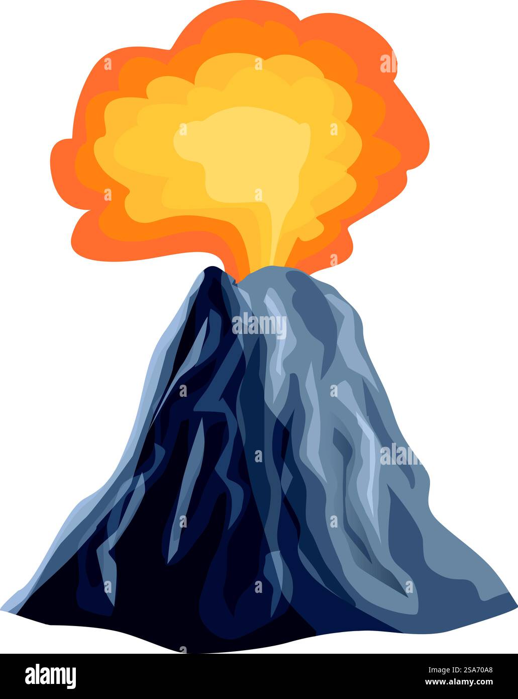 Grande vulcano grigio eruttante con roccia lavica fusa, frassino caldo e fumo. Grande vulcano grigio che erutta con roccia lavica fusa Illustrazione Vettoriale