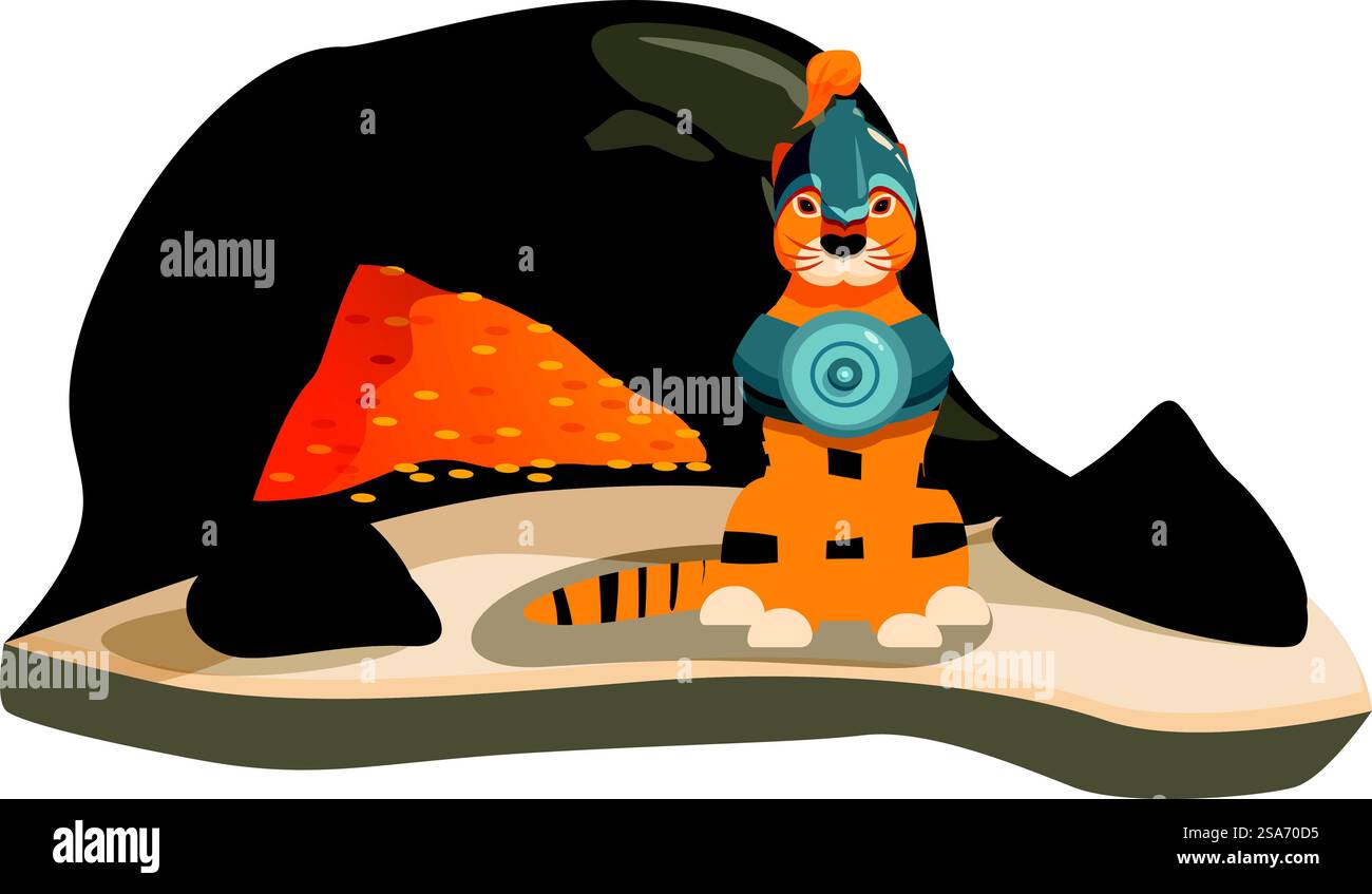 Il guerriero tigre che indossa un'armatura è a guardia di una grotta piena di monete d'oro. Guerriero tigre che custodisce la grotta del tesoro con un'armatura Illustrazione Vettoriale Il guerriero tigre che indossa un'armatura è a guardia di una grotta piena di monete d'oro. Guerriero tigre che custodisce la grotta del tesoro con un'armatura Illustrazione Vettoriale
