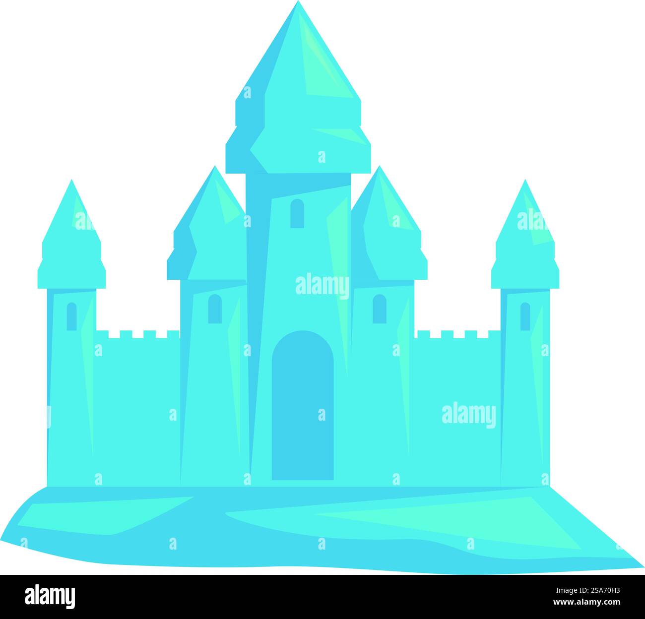 Grande castello di ghiaccio blu con alte torri e tetti a punta in piedi su sfondo bianco. Grande castello di ghiaccio blu alto su sfondo bianco Illustrazione Vettoriale