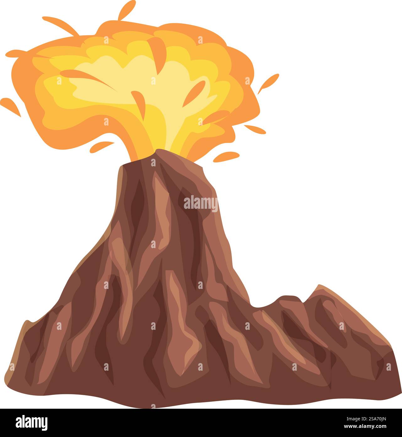 Vulcano cartoon in eruzione con lava fusa, rocce, gas, cenere e fumo. Grande vulcano marrone che erutta con rocce laviche fuse e fumo Illustrazione Vettoriale