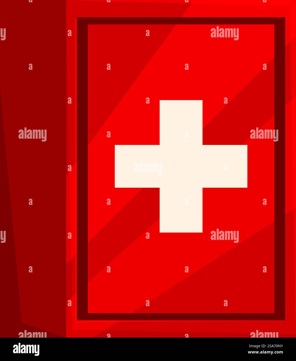 Kit di pronto soccorso rosso chiuso, con il simbolo della croce bianca, su sfondo bianco. Kit di pronto soccorso rosso chiuso con simbolo a croce bianca Illustrazione Vettoriale