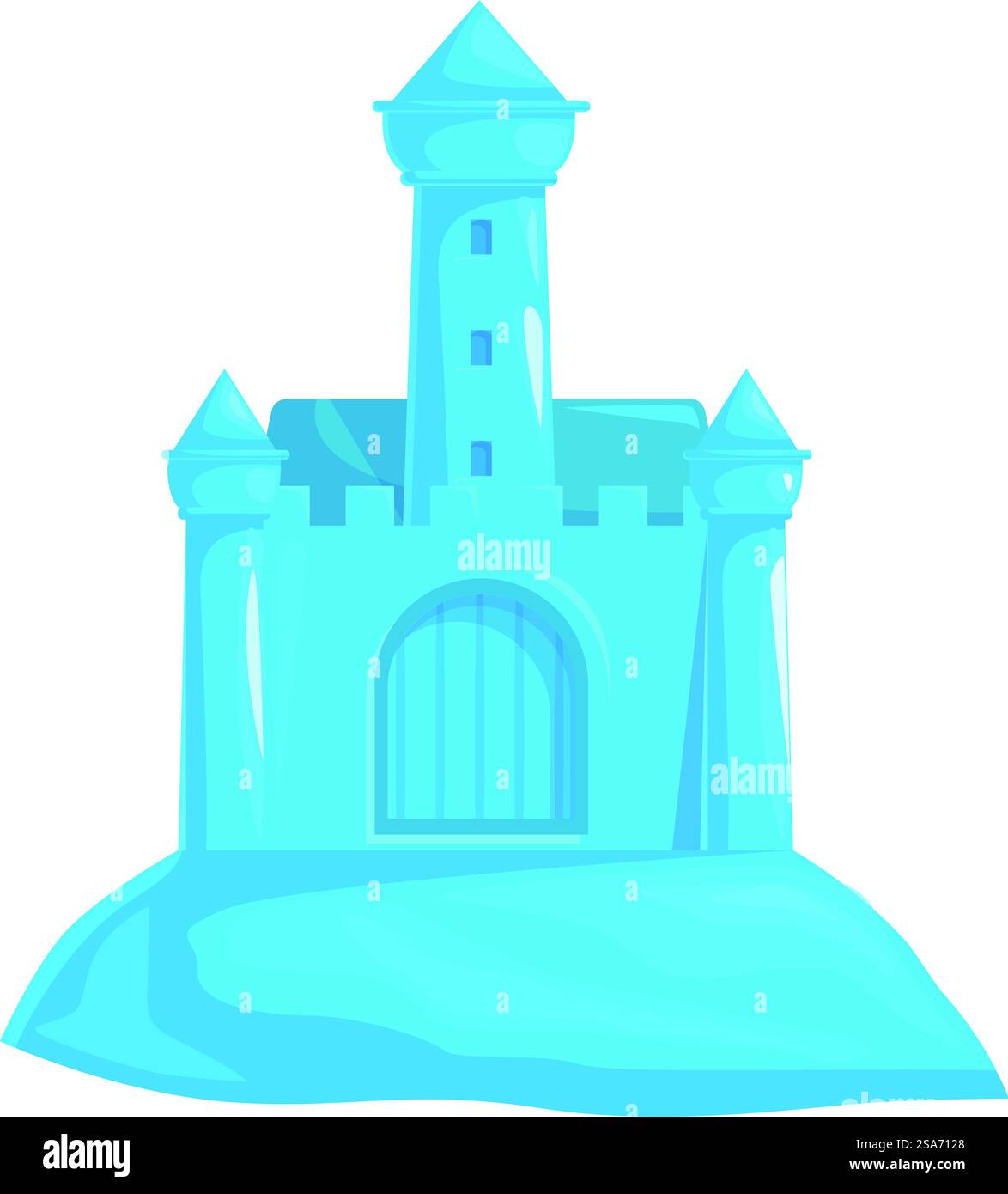 Castello blu su una collina, con cancello, torri e merlature, isolato su sfondo bianco. Castello blu in piedi su una collina con porta-torre e merlature Illustrazione Vettoriale