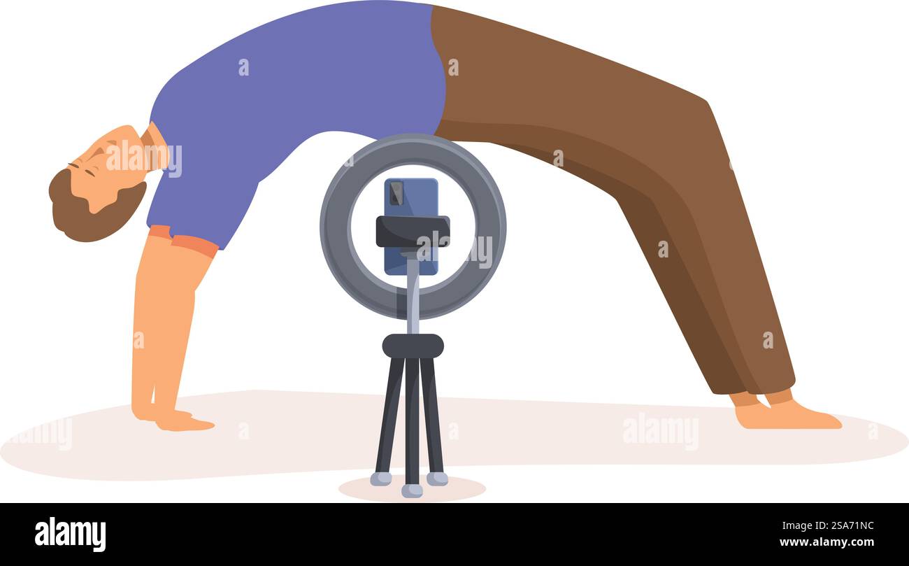 Uomo che pratica yoga in posa con le ruote, registrando lezioni online con lo smartphone per il suo blog. Insegnante di yoga che registra lezioni online utilizzando lo smartphone a casa Illustrazione Vettoriale