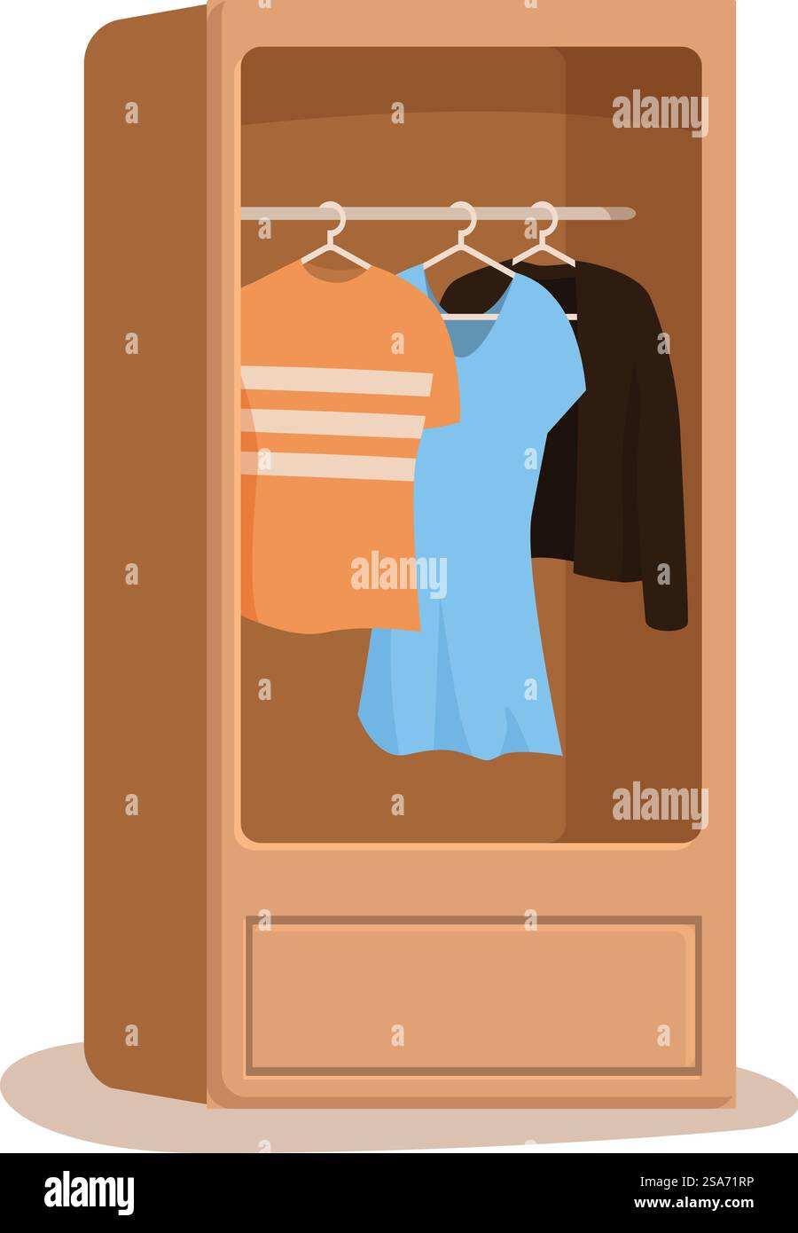 Guardaroba aperto che mette in mostra l'organizzazione con gli abiti appesi in modo ordinato. Armadio in legno che regge abiti su grucce Illustrazione Vettoriale