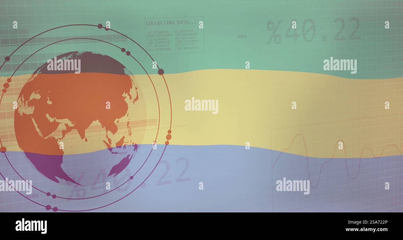 Immagine della bandiera del gabon su globo, grafici e dati di elaborazione Foto Stock