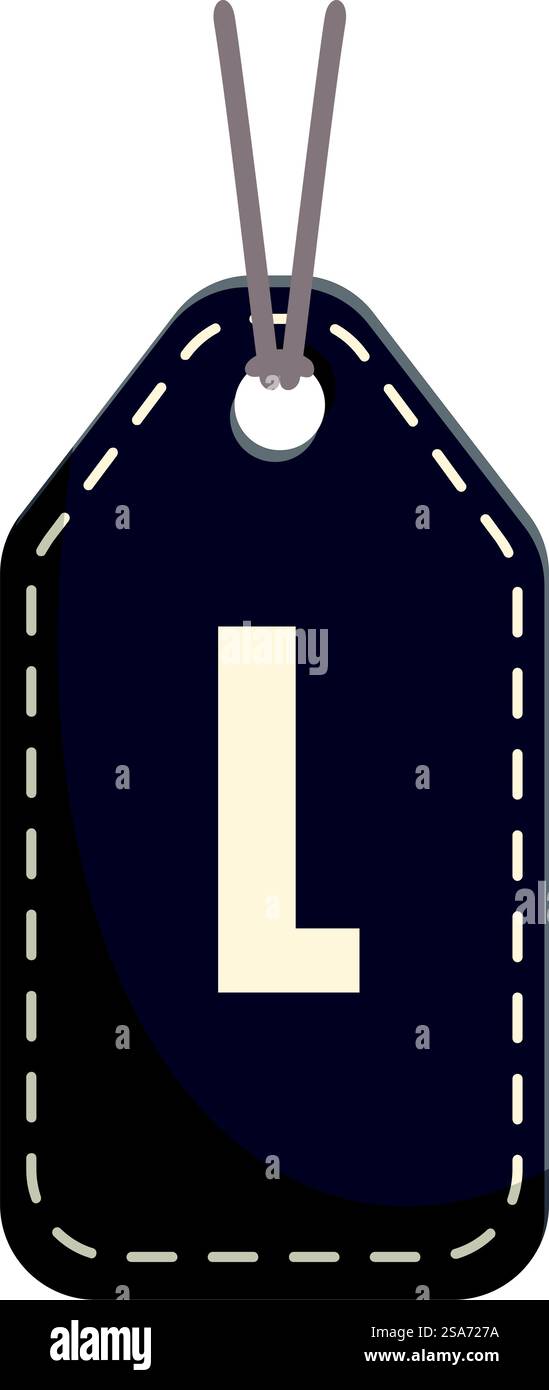 Etichetta grigia scura delle dimensioni degli indumenti con un cordoncino, con lettera l, isolata su sfondo bianco. Etichetta delle dimensioni degli indumenti grigio scuro con lettera l Illustrazione Vettoriale