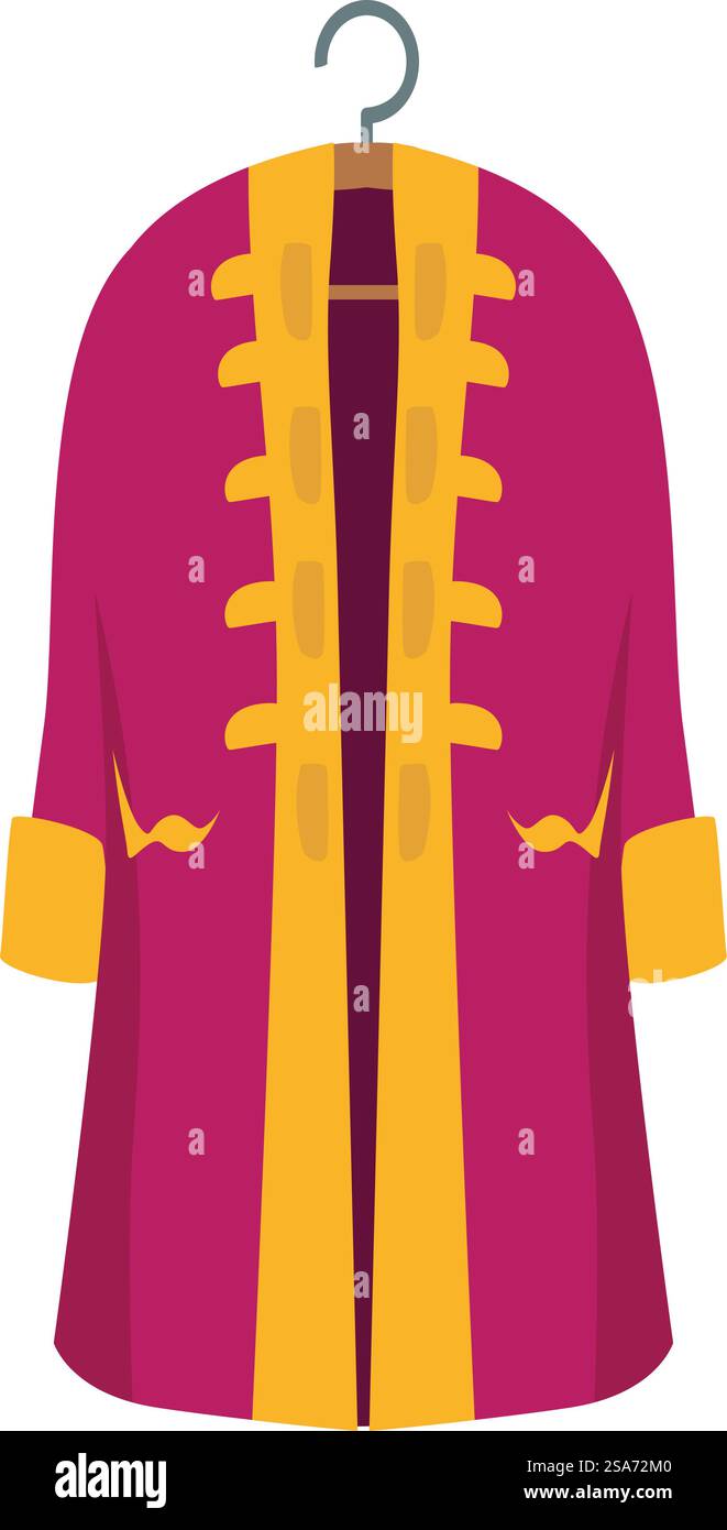 Il camice da gentiluomo viola con finiture dorate è appeso su un gancio di legno. Cappotto da gentiluomo viola appeso su un gancio di legno Illustrazione Vettoriale