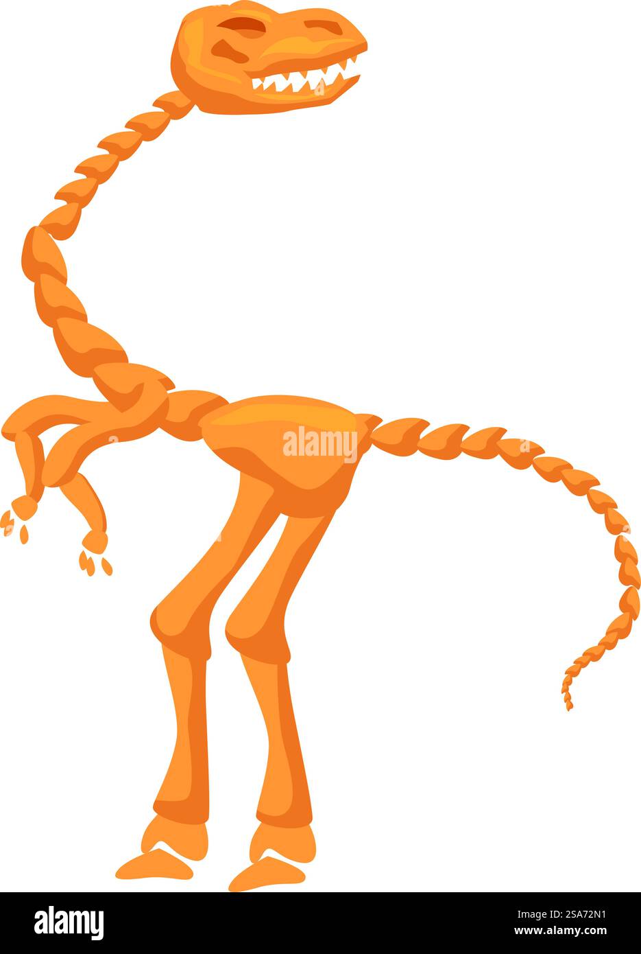 Fossile di dinosauro in piedi su due gambe, mostrando il suo lungo collo e coda. Scheletro di dinosauro in piedi su due gambe con collo e coda lunghi Illustrazione Vettoriale