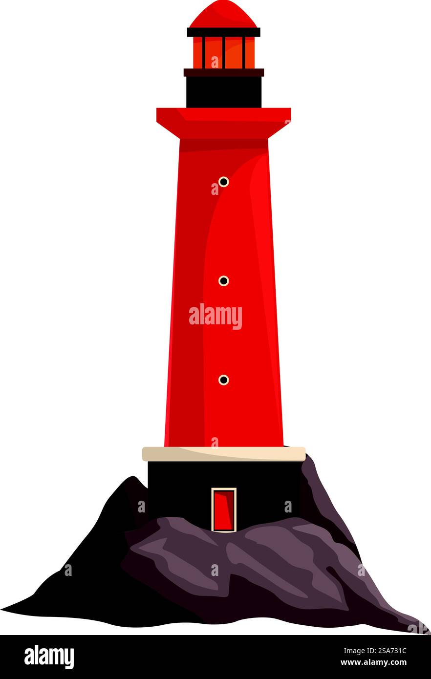 Faro rosso in piedi su rocce che illumina la strada per le navi in mare. Faro rosso in piedi su rocce che guida navi con luce brillante Illustrazione Vettoriale