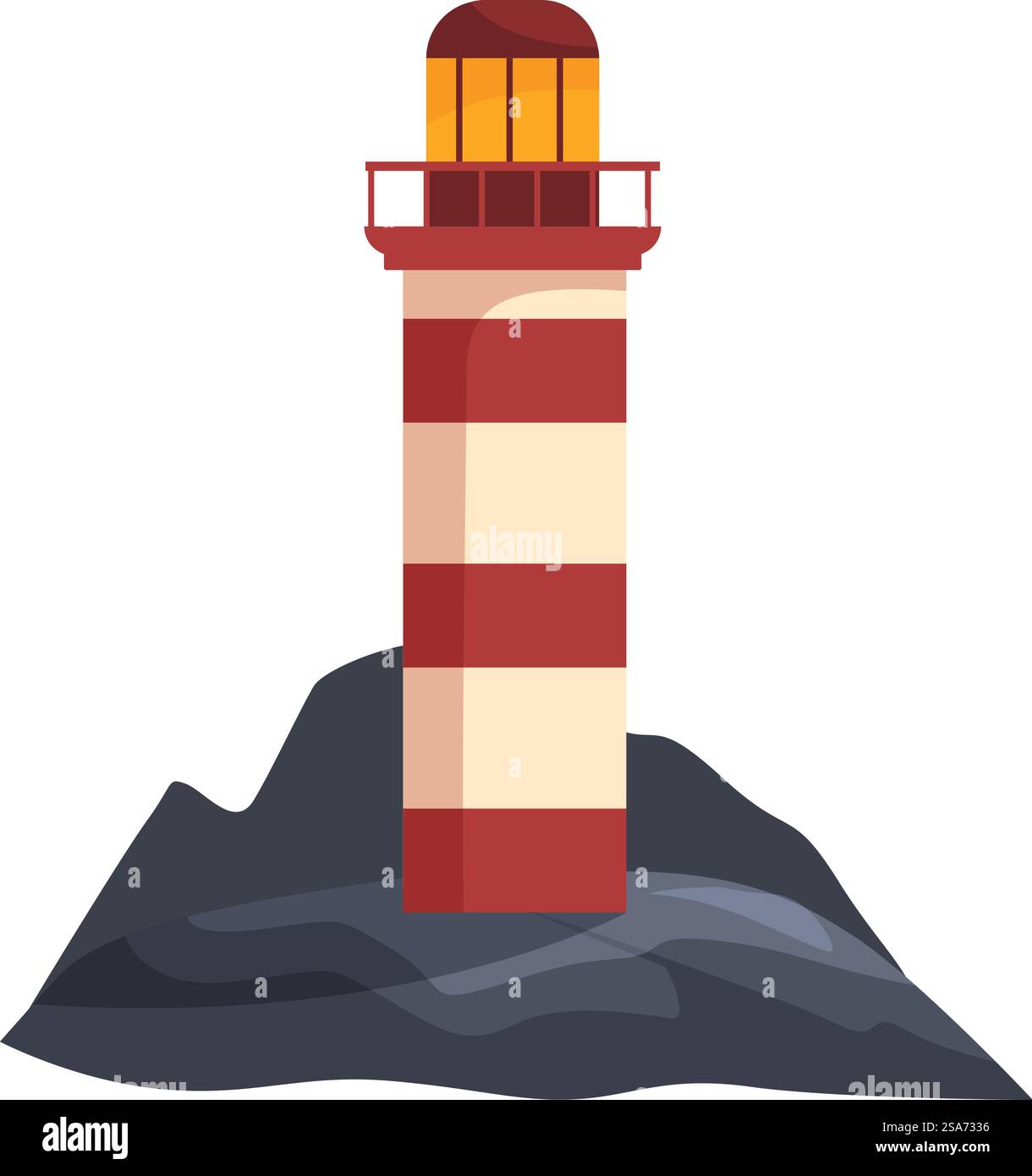 Faro in piedi sulla roccia che guida navi in mare con luce brillante durante le illustrazioni notturne. Il faro alto si trova su una roccia, avvisa le navi in mare Illustrazione Vettoriale
