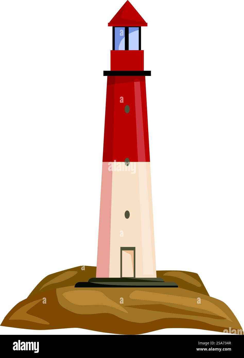 Faro cartoni animati che guida le navi con il suo fascio di luce. Faro rosso e bianco in piedi sulla costa Illustrazione Vettoriale Faro cartoni animati che guida le navi con il suo fascio di luce. Faro rosso e bianco in piedi sulla costa Illustrazione Vettoriale