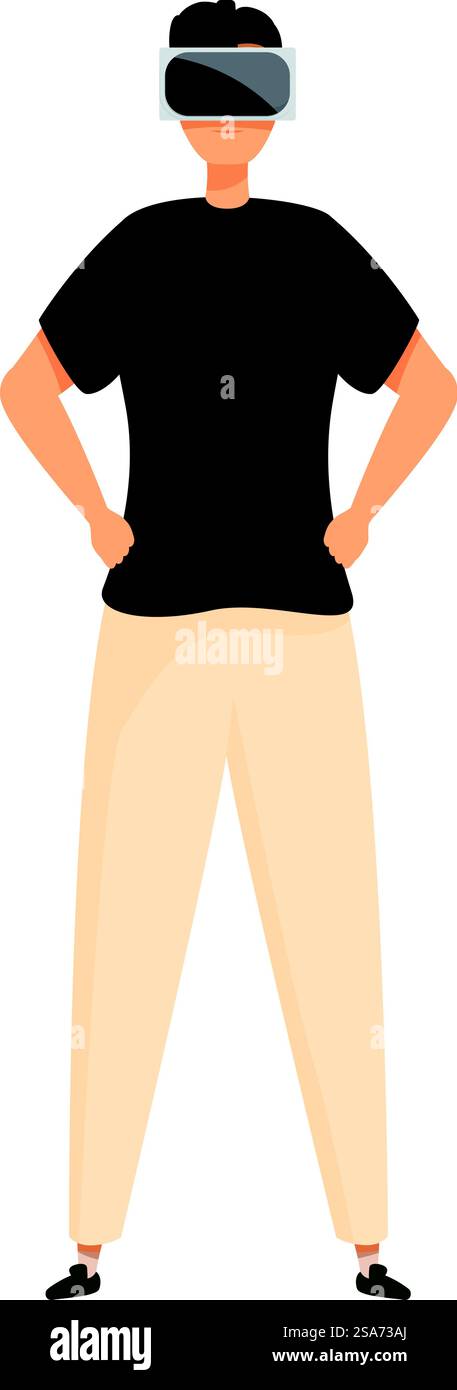 Il giovane sta provando la realtà virtuale per la prima volta, mani sui fianchi. Giovane che sperimenta la realtà virtuale con il visore Illustrazione Vettoriale
