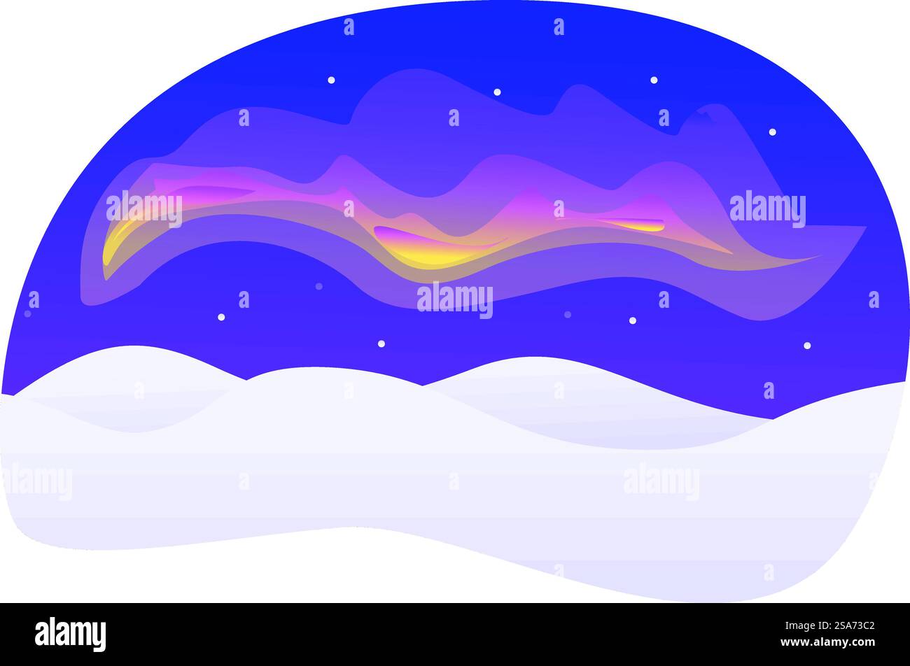 Ipnotizzante aurora boreale che dipinge il cielo notturno con colori vivaci su un tranquillo paesaggio innevato. La vibrante aurora boreale illumina il paesaggio innevato di notte Illustrazione Vettoriale