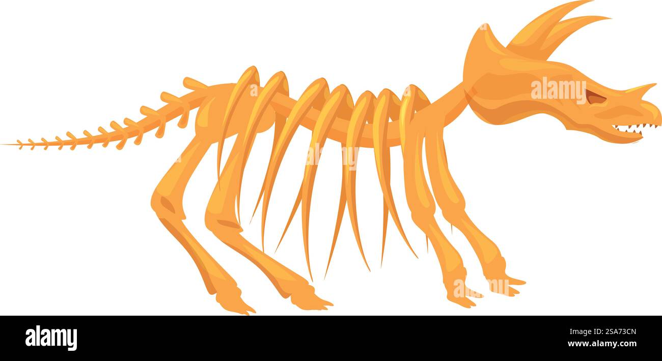 Scheletro di dinosauro Triceratops in posa nella mostra paleontologica del museo. Scheletro fossile di dinosauro in piedi in profilo rivolto a destra Illustrazione Vettoriale