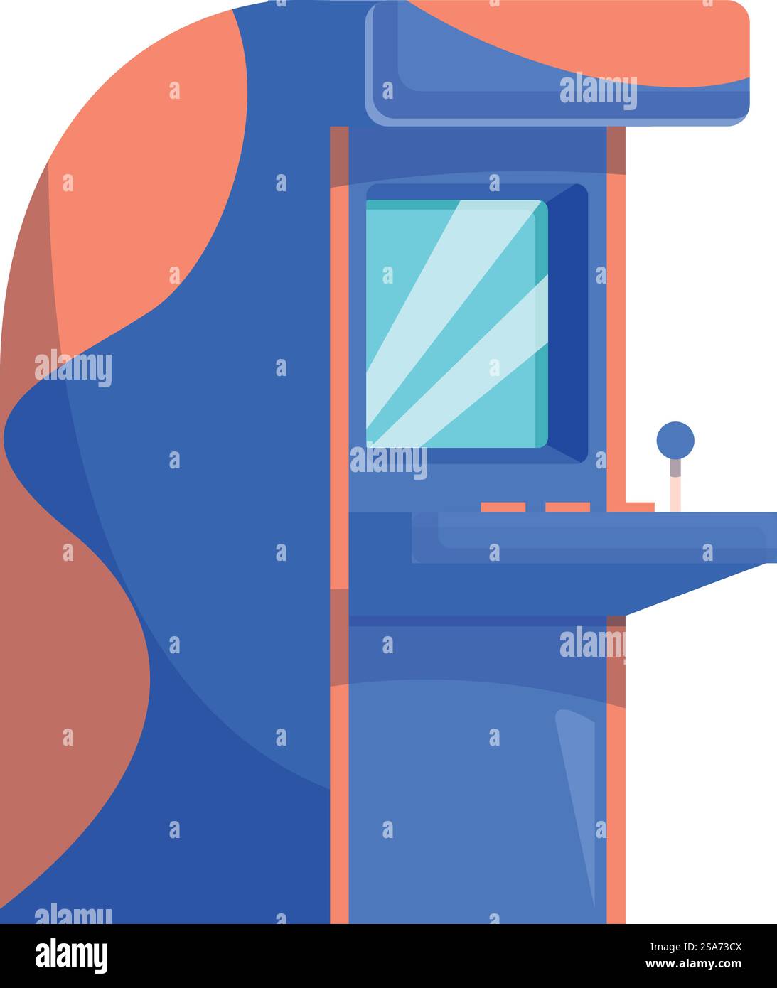 Macchina per videogiochi in piedi che invita i giocatori a giocare nel parco divertimenti o nel club di gioco. Macchina da gioco Blue Arcade in piedi con joystick e pulsanti Illustrazione Vettoriale