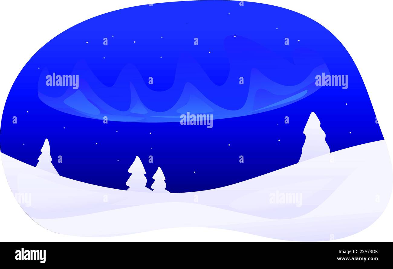 Illustrazione con un paesaggio innevato illuminato dall'aurora boreale. Aurora boreale che risplende su un paesaggio innevato con pini Illustrazione Vettoriale