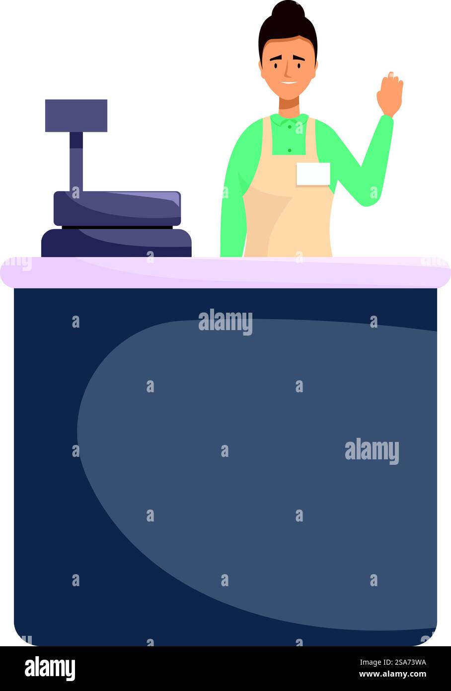 Il giovane cassiere saluta mentre si trova dietro un bancone al banco cassa. Cassiere in piedi dietro il banco cassa salutando con la mano al banco cassa Illustrazione Vettoriale