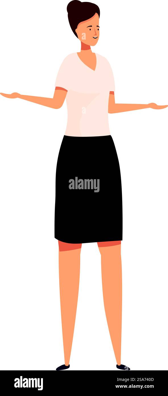 Concetto di business illustrazione di una donna d'affari che gestiva con le mani per presentare qualcosa. Donna d'affari sorridente che mostra qualcosa a mani aperte su sfondo bianco Illustrazione Vettoriale