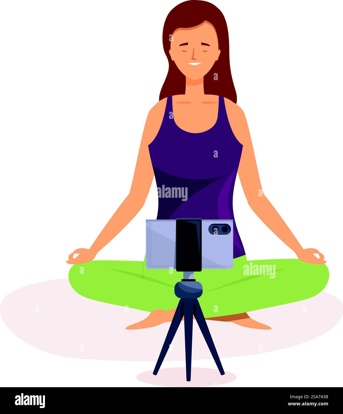 Giovane donna in abbigliamento sportivo che pratica yoga, registra video con smartphone su treppiede, concetto di lezione di yoga online. Insegnante di yoga che registra le lezioni online con lo smartphone sul treppiede Illustrazione Vettoriale