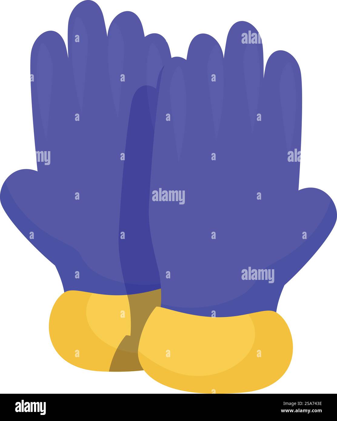 Paio di guanti da lavoro blu in posizione verticale con polsini gialli, che rappresentano la sicurezza e la protezione in vari settori. Paio di guanti da lavoro blu in piedi con polsini gialli Illustrazione Vettoriale