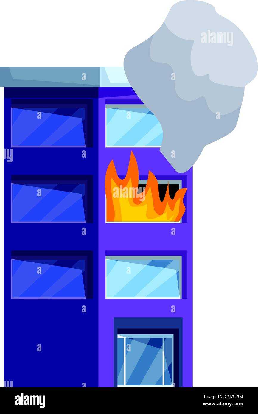 Illustrazione di un incendio con fiamme che escono dalle finestre di un edificio di uffici. Moderno edificio per uffici brucia con un fuoco luminoso che infuria all'interno delle illustrazioni Illustrazione Vettoriale
