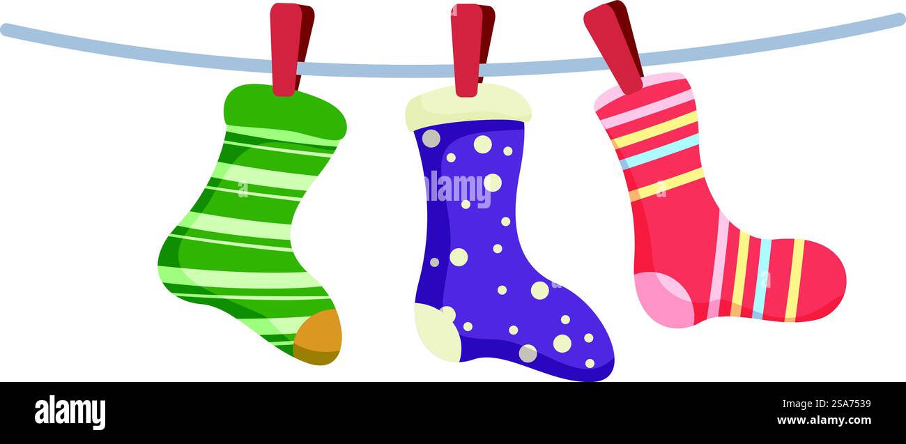 Tre colorate calze natalizie vuote sono appese su una clothesline in attesa di essere riempite da babbo Natale. Tre calze natalizie appese alla clothesline in attesa di babbo natale Illustrazione Vettoriale