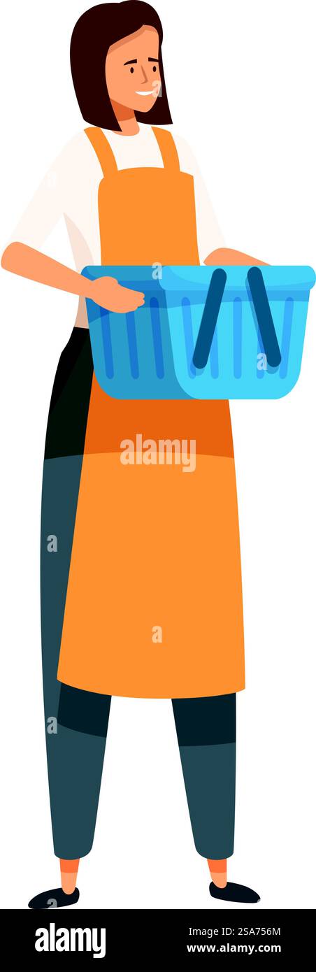 Il giovane assistente di negozio ha in mano un carrello vuoto, pronto ad assistere i clienti. Assistente di negozio sorridente che tiene il carrello vuoto Illustrazione Vettoriale
