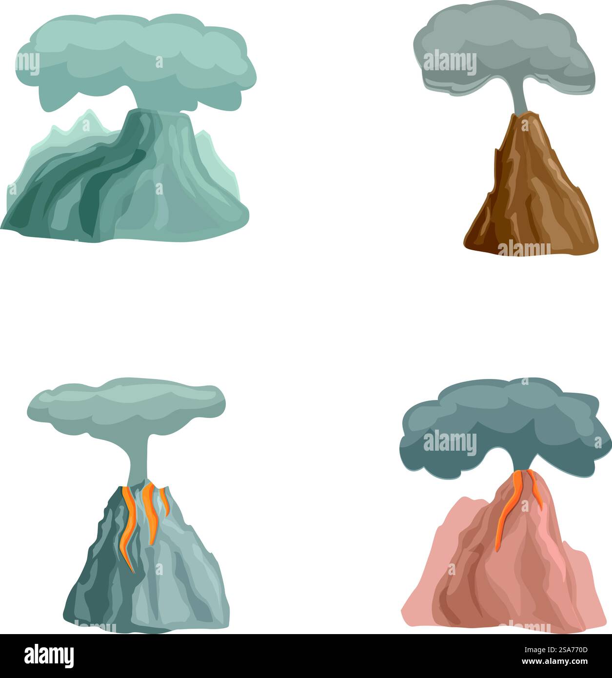 Le icone del vulcano fumante impostano il vettore dei cartoni animati. Eruzione vulcanica con lava in fiamme. Disastro naturale. Le icone del vulcano fumante impostano il vettore dei cartoni animati. Eruzione vulcanica con lava in fiamme Illustrazione Vettoriale