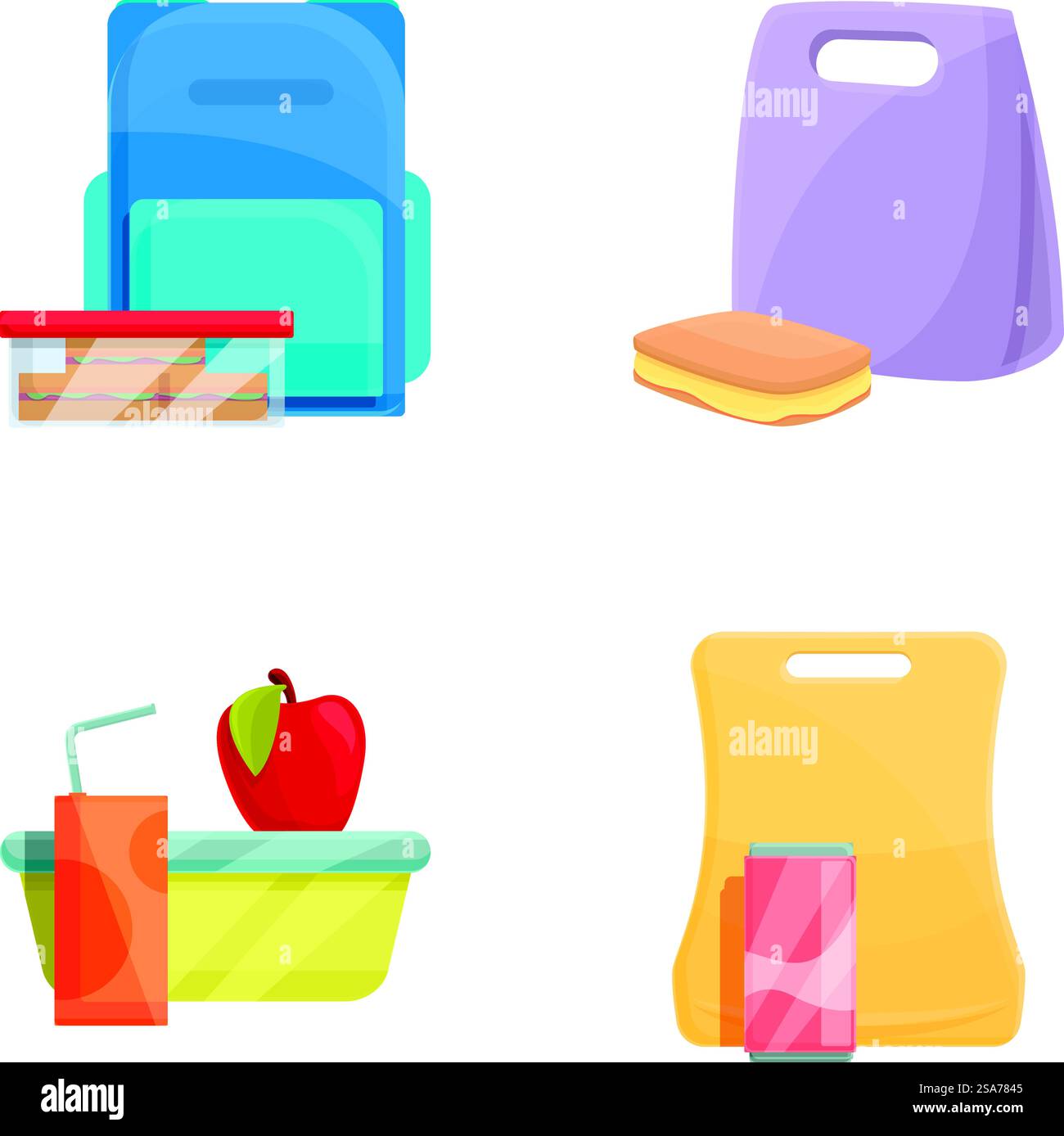 Le icone della nutrizione scolastica impostano il vettore dei cartoni animati. Pranzo al sacco con vari piatti. Cibo confezionato. Le icone della nutrizione scolastica impostano il vettore dei cartoni animati. Pranzo al sacco con vari piatti Illustrazione Vettoriale