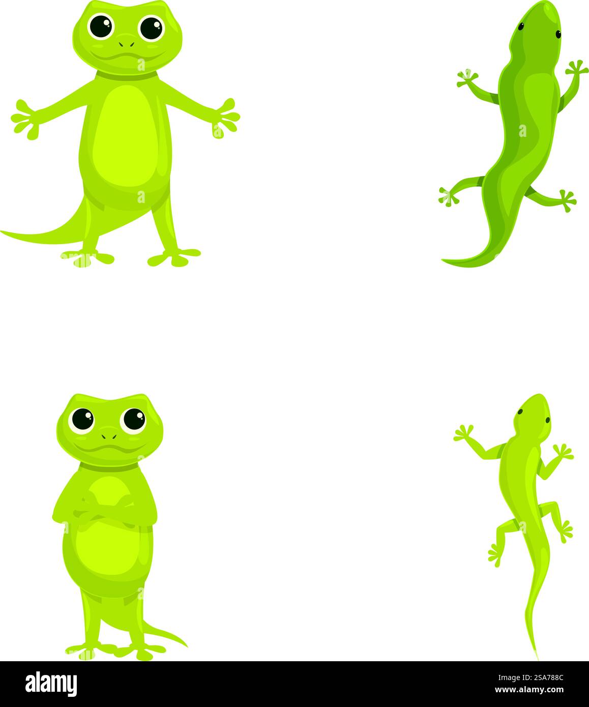 Divertenti icone geco impostano il vettore dei cartoni animati. Simpatica lucertola verde dei cartoni animati. Animale, anfibio. Divertenti icone geco impostano il vettore dei cartoni animati. Simpatica lucertola verde dei cartoni animati Illustrazione Vettoriale