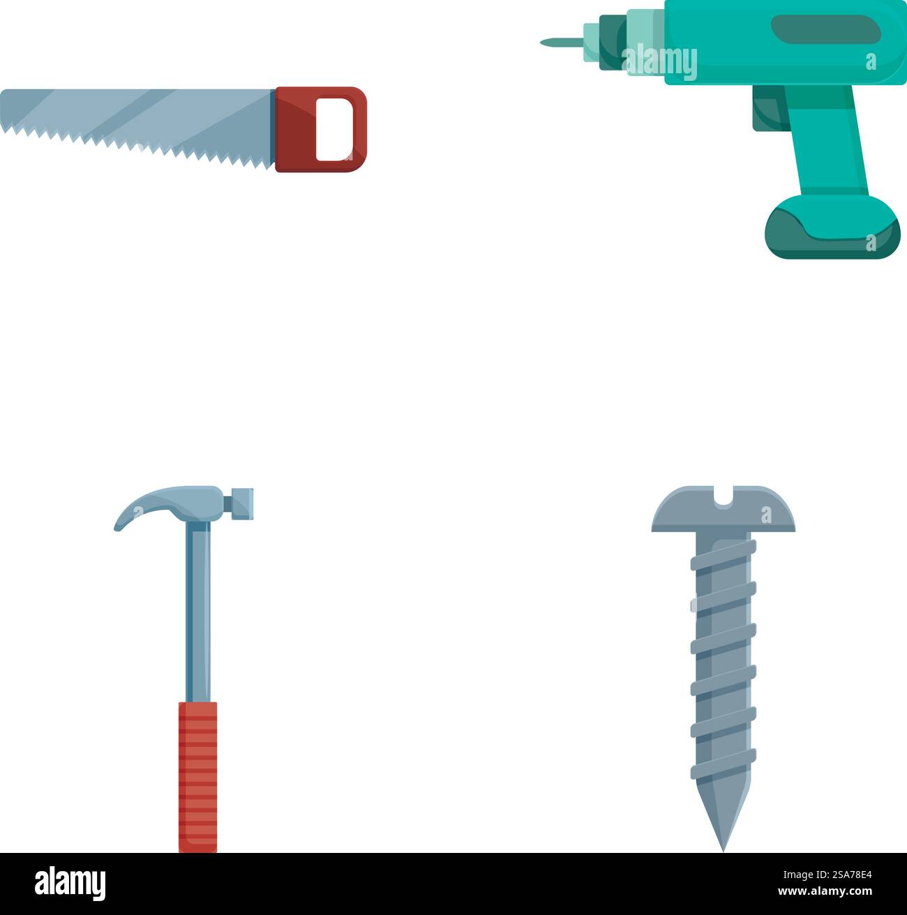Raccolta di quattro illustrazioni vettoriali, sega manuale, trapano, martello e vite. Set di icone degli strumenti di costruzione dei cartoni animati Illustrazione Vettoriale