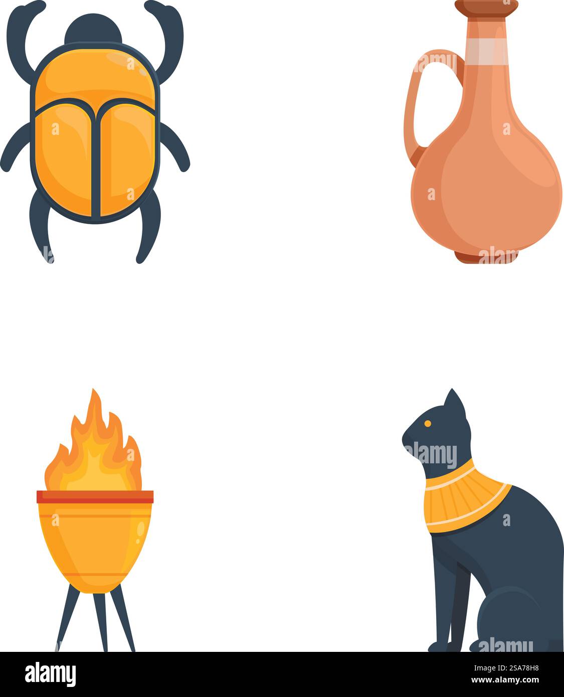 Collezione di icone vettoriali che rappresentano i simboli e i manufatti dell'antico egitto. Le antiche icone egiziane incastonano coleottero, vaso, fuoco, statua del gatto Illustrazione Vettoriale
