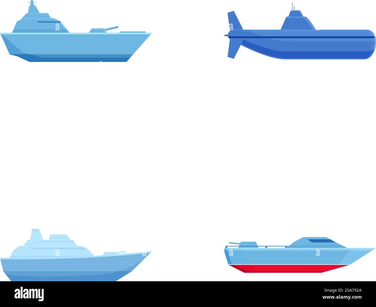 Collezione di illustrazioni vettoriali di navi marittime, comprese navi e sottomarini. Serie di navi e sottomarini cartoonesi Illustrazione Vettoriale