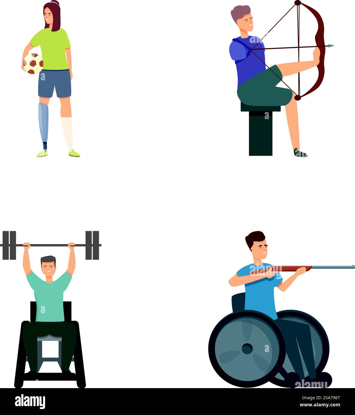 Raccolta di quattro illustrazioni vettoriali che raffigurano individui unici impegnati in diverse attività sportive. Serie di illustrazioni di persone sportive diverse Illustrazione Vettoriale