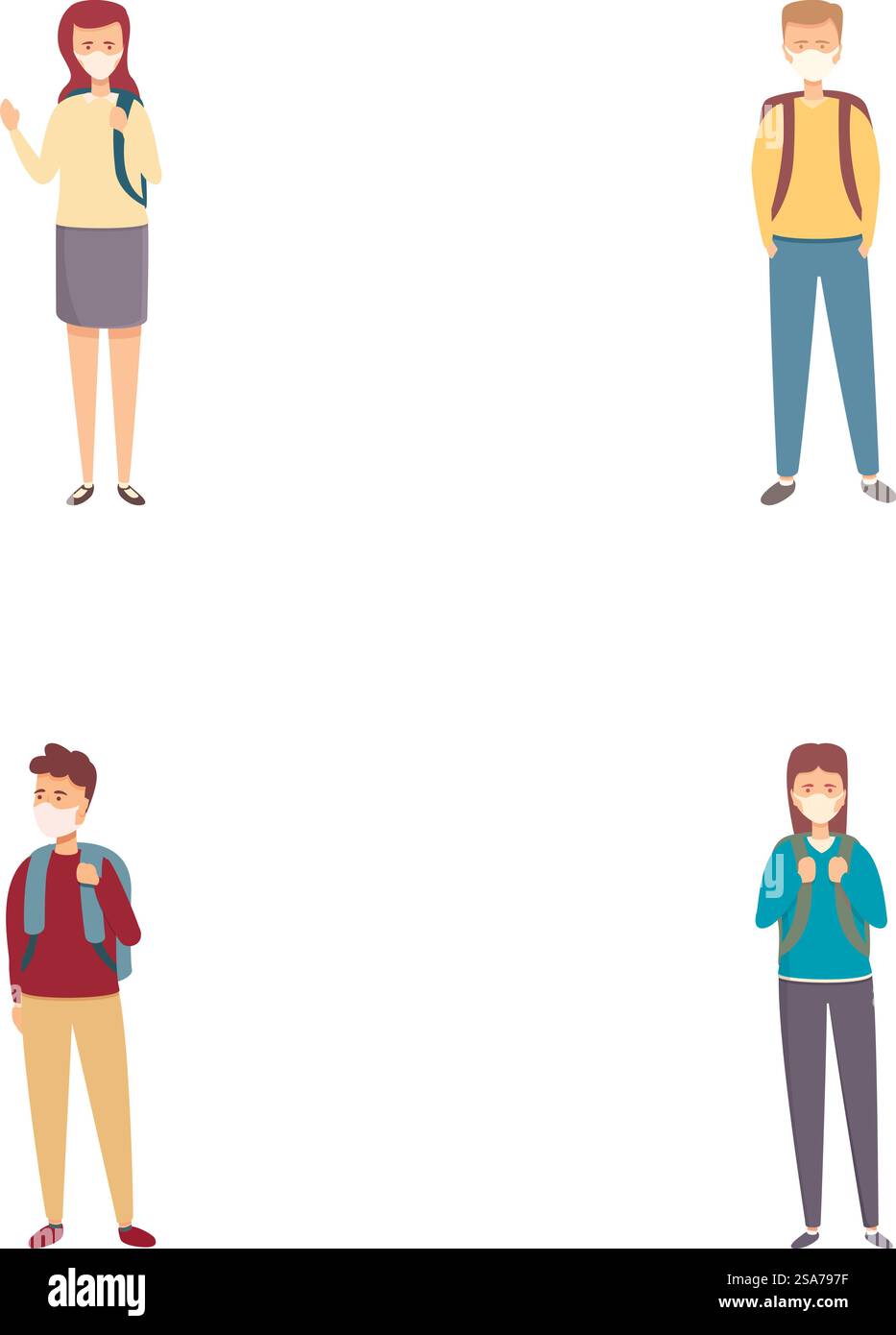 Collezione di immagini dei cartoni animati con gli studenti con zaini in varie pose e costumi. Set di quattro diversi personaggi degli studenti dei cartoni animati Illustrazione Vettoriale