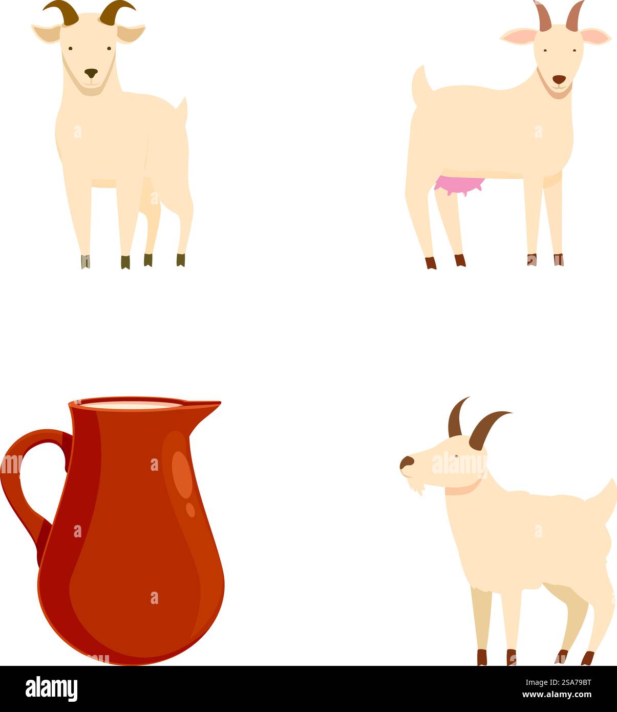 Serie di illustrazioni con due capre e una caraffa rustica in ceramica su sfondo bianco. Raccolta di caraffe in ceramica e animali da fattoria Illustrazione Vettoriale