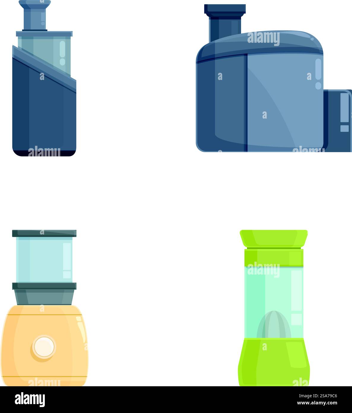 Illustrazioni vettoriali che mostrano quattro diversi stili di frullatori da cucina moderni. Set di moderni frullatori da cucina Illustrazione Vettoriale