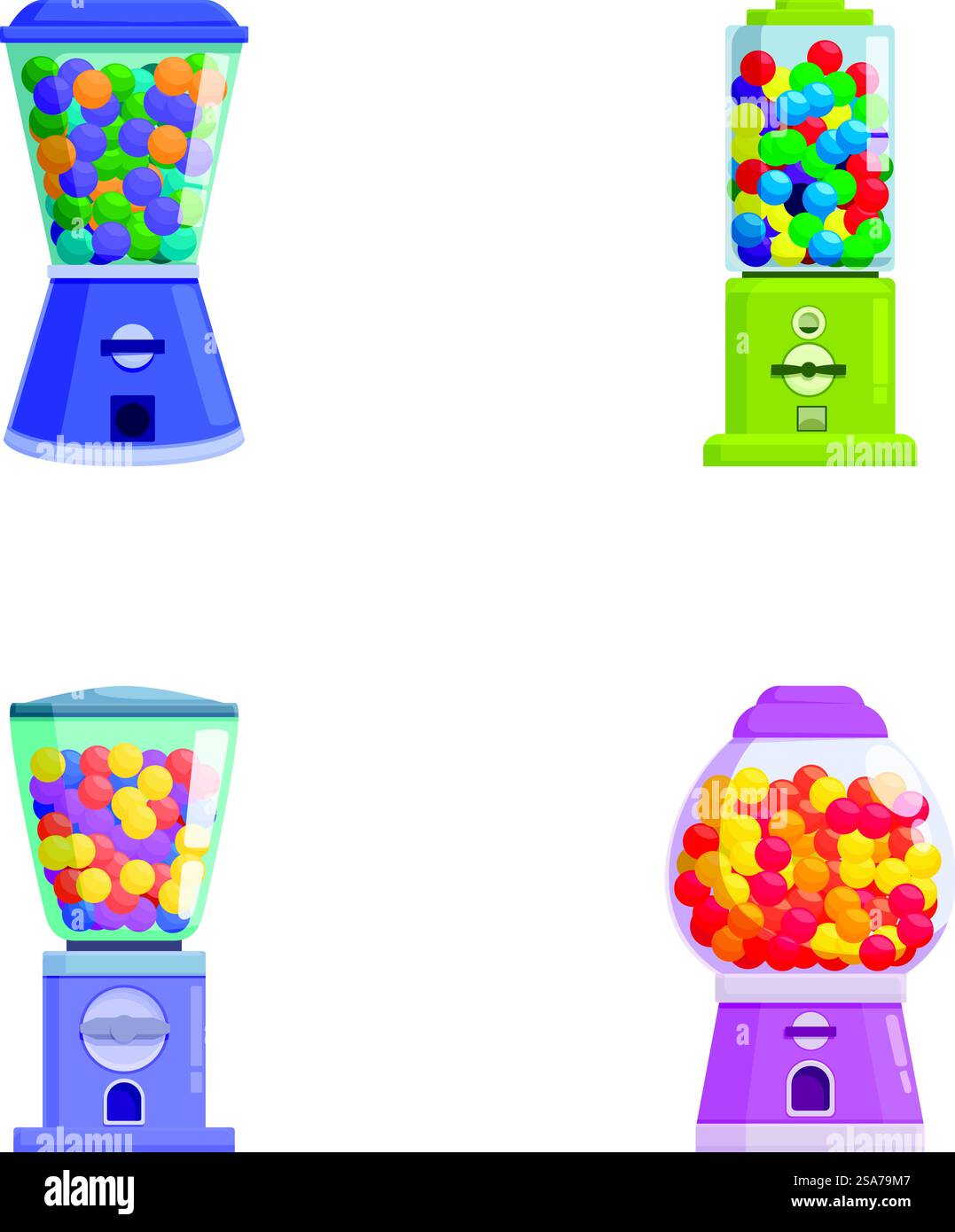 Set di quattro vibranti e colorate macchine da gumball in stile cartoni animati su sfondo bianco. Collezione di colorate illustrazioni di macchine per la palla gommosa Illustrazione Vettoriale