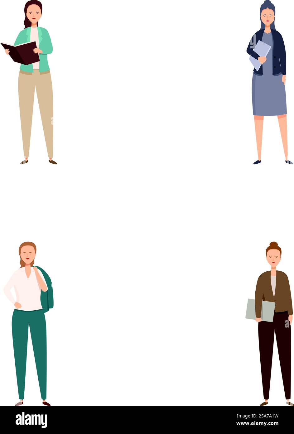 Collezione di persone d'affari professionali diversificate e multiculturali in un set di illustrazioni vettoriali di abbigliamento formale. Quattro diversi professionisti aziendali in varie posizioni Illustrazione Vettoriale