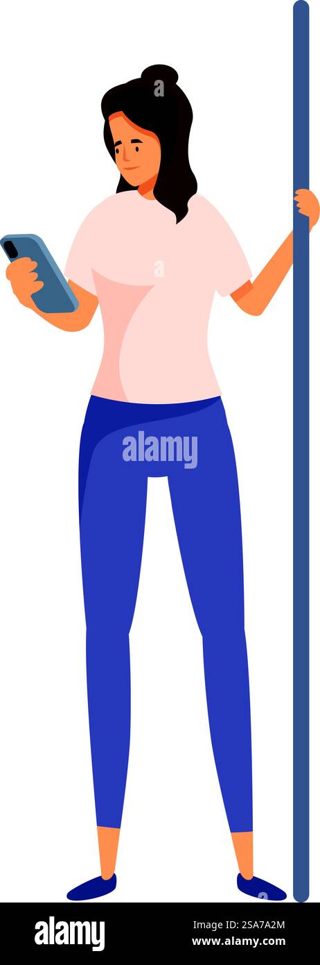 Una giovane donna sta in piedi su un autobus o un treno, si tiene su un corrimano e guarda il suo telefono. Una giovane donna utilizza lo smartphone mentre si trova sui mezzi pubblici Illustrazione Vettoriale