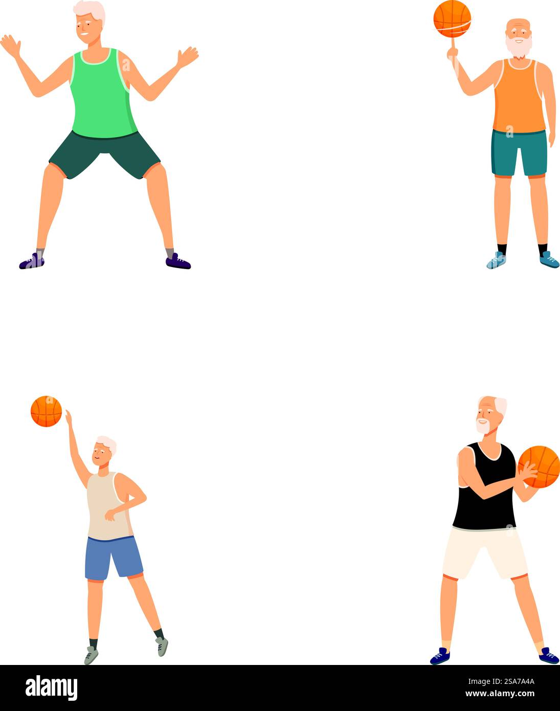 Serie di illustrazioni che illustrano gli uomini anziani in abbigliamento sportivo che giocano a basket. Uomini anziani che praticano pose di basket Illustrazione Vettoriale