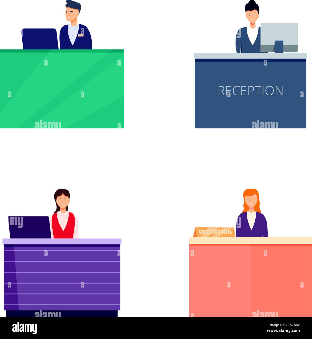 Collezione di quattro diverse illustrazioni del banco ricevimento con diversi receptionist. Set di banchi di ricevimento con illustrazioni del personale Illustrazione Vettoriale