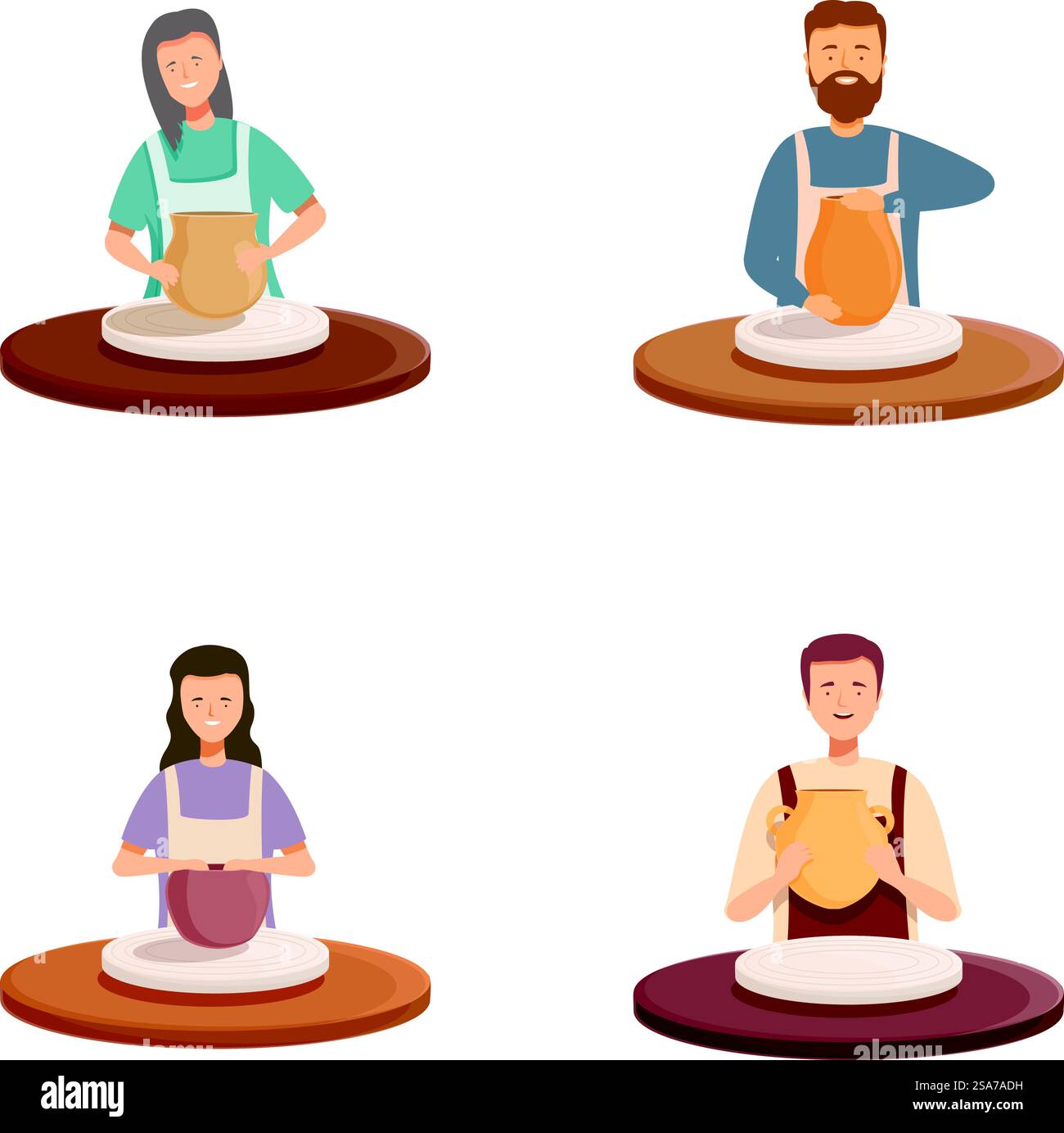 Serie di illustrazioni vettoriali con ceramisti di vari elementi demografici che realizzano ceramiche. Illustrazioni di vari ceramisti al lavoro Illustrazione Vettoriale