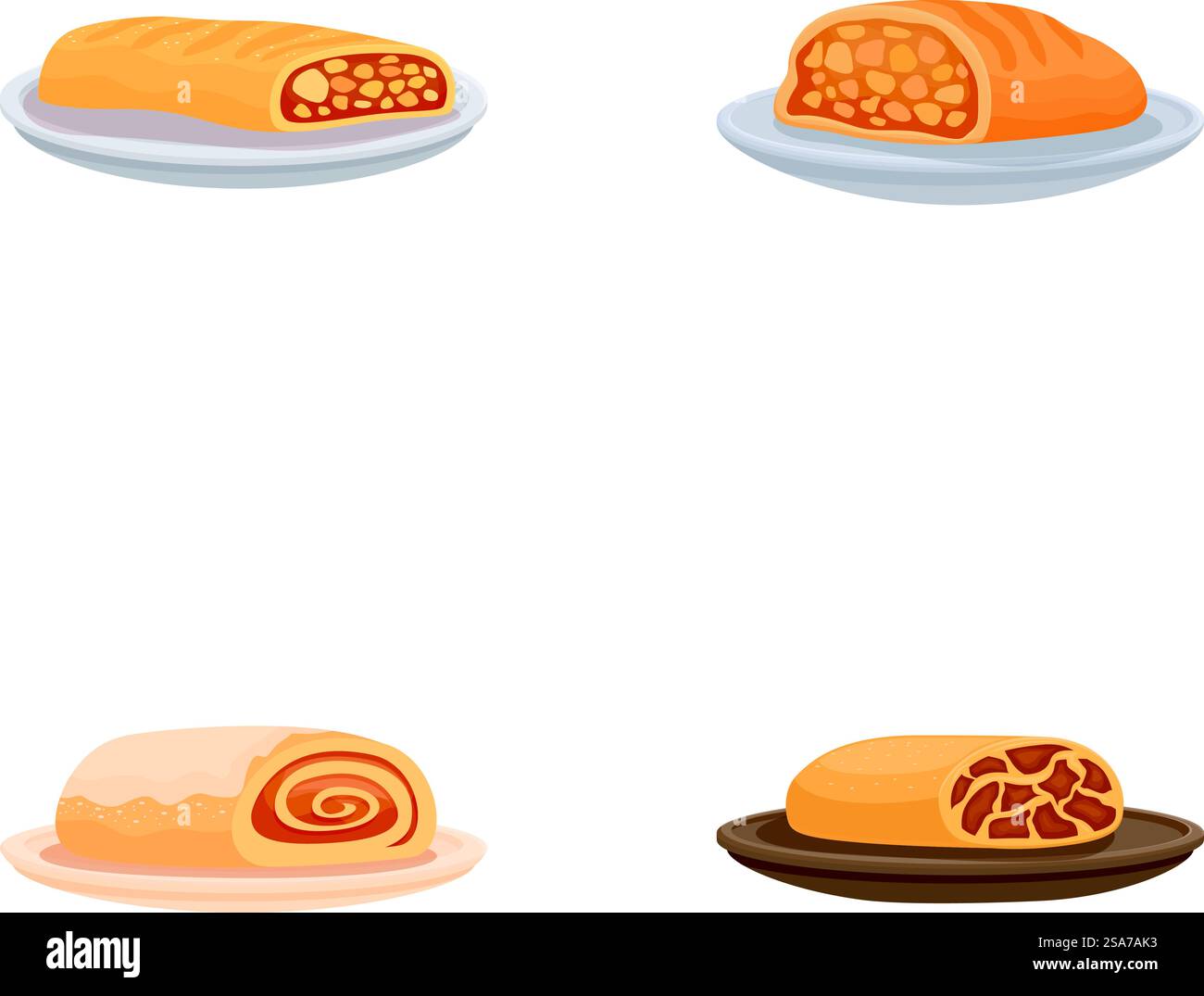 Raccolta di quattro illustrazioni vettoriali di diversi tipi di pane su piastre, isolate su bianco. Illustrazione del pane da forno assortito su piatti Illustrazione Vettoriale