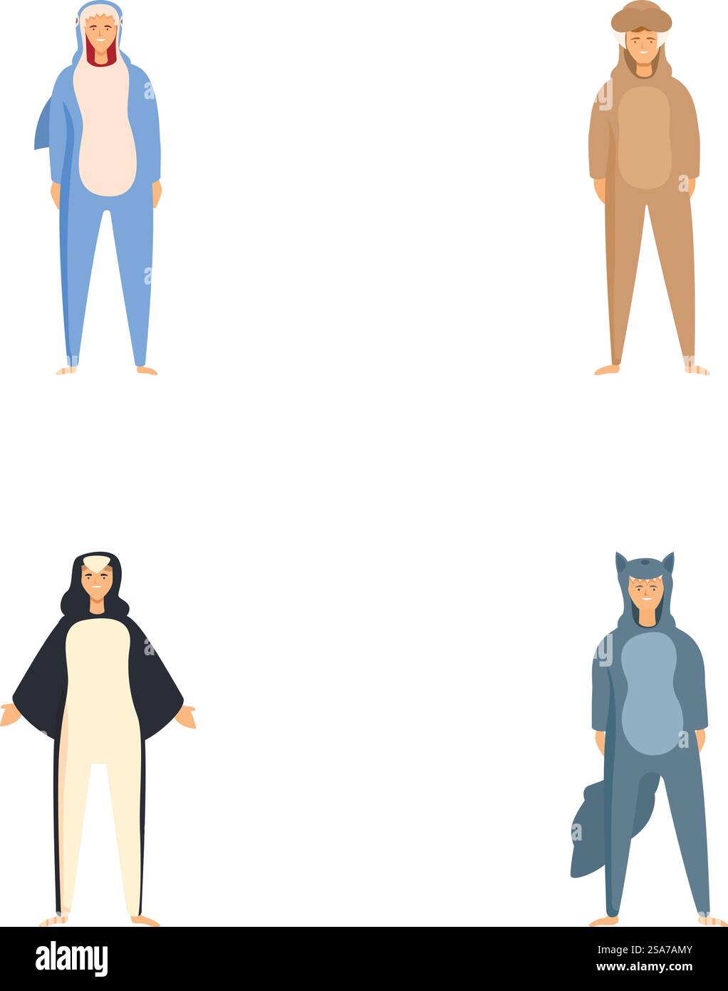 Collezione di quattro personaggi dei cartoni animati vestiti con simpatici accessori animati. Set di persone diverse che indossano costumi di animali Illustrazione Vettoriale