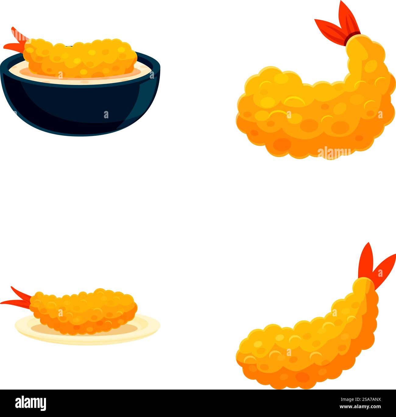 Collezione di tempura di gamberi cartoni animati in diverse presentazioni, isolata su bianco. Vari stili di tempura di gamberi cartoni animati Illustrazione Vettoriale