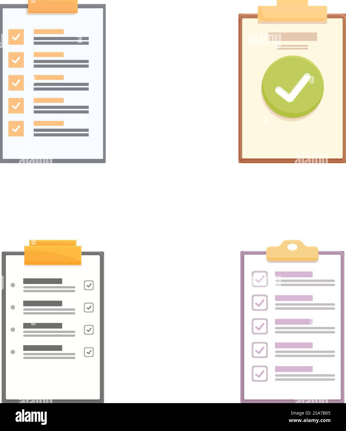 Raccolta di quattro icone degli appunti dal design piatto con caselle selezionate e deselezionate, isolate su bianco. Set di varie liste di controllo per il design piatto degli appunti Illustrazione Vettoriale